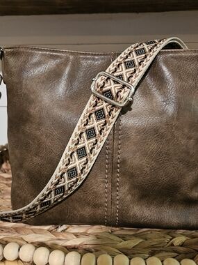 Brown Crossbody Bag with Patterned Adjustable Strap